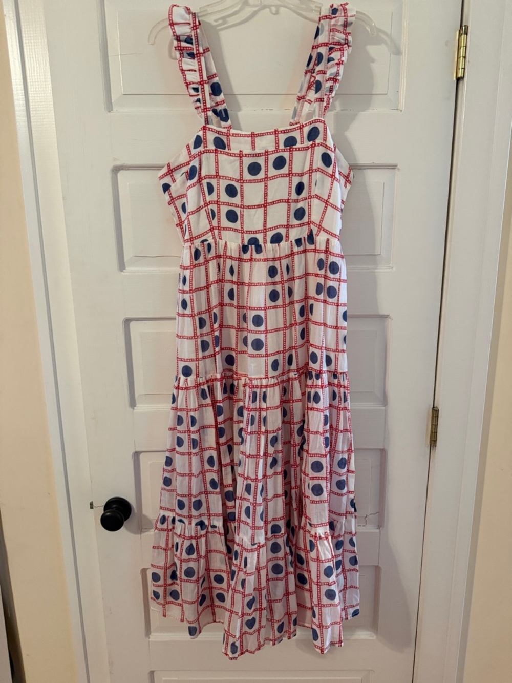 Oliphant White Midi Dress with Blue Dot & Red Grid